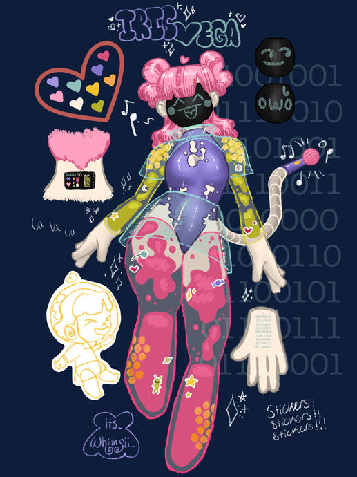 Meet Iris Vega, the sticker-loving, colorful, gunmy robotic vocaloid! She has limbs made from resin and quicksand keychain goop / lava lamps.