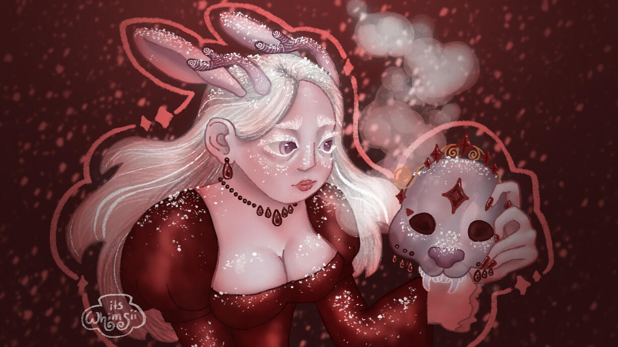 An albino jackalope vampire with a magical glass mask